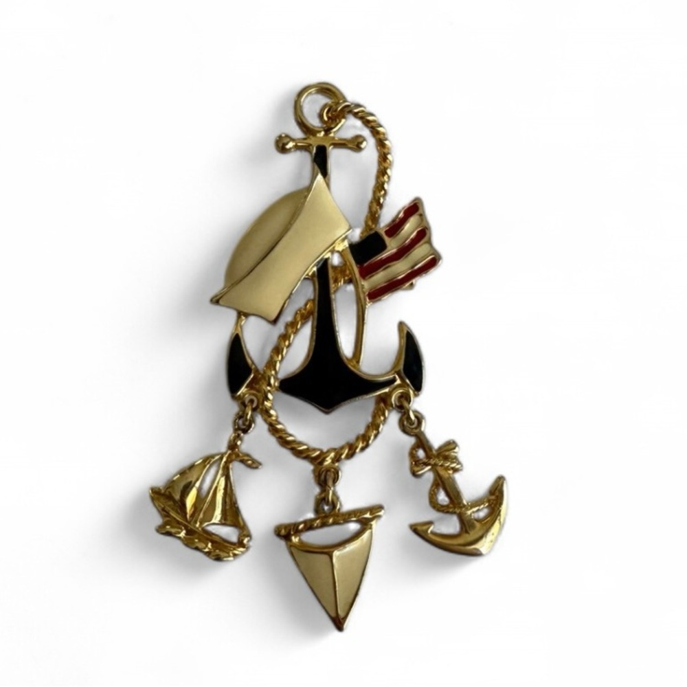 Gold Nautical Brooch with Anchor and Sailboat Charms